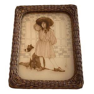 Vintage Lucid Lines Photography‎ on Glass Straw Hat Girl 1979 Wicker Frame